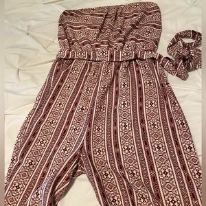 One piece, strapless pant, red and white romper with belt